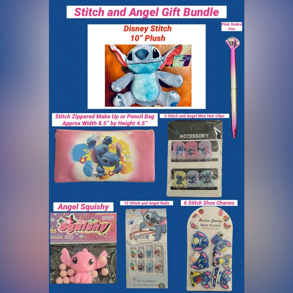 Disney Stitch & Angel Bundle Plush, Bag, Pen,  Nails, Clips Shoe Charms, Squishy